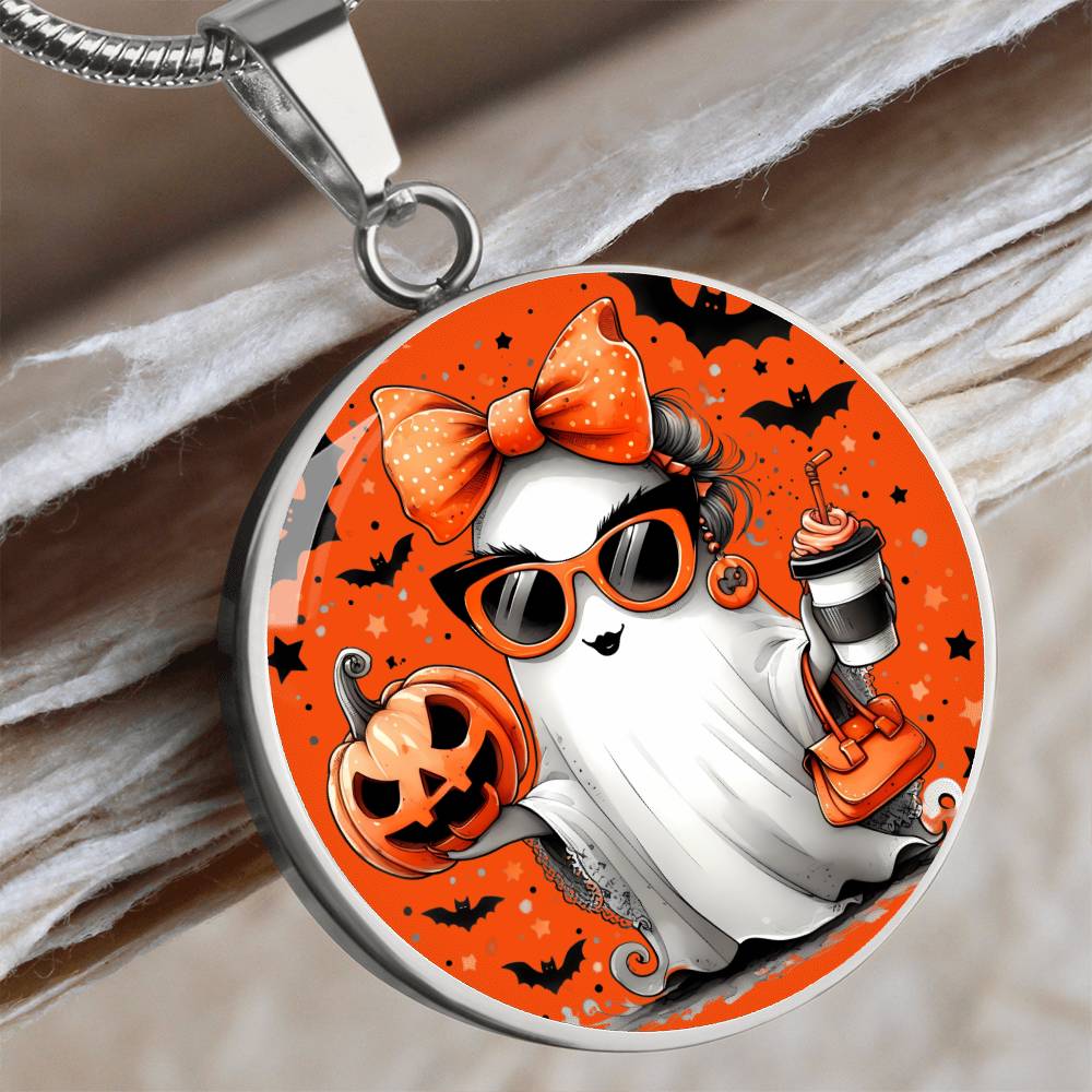 Spooky Chic Halloween Pendant – Customizable Ghost Necklace with Pumpkin and Bats, Halloween Necklace, Festive Halloween Jewelry, gift for.