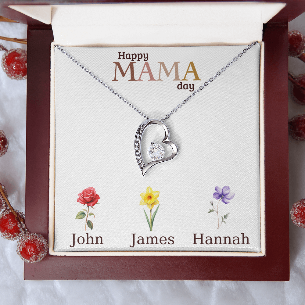 Personalized Mother's Day Necklace, Heart Pendant with Names, Mama Day Gift, Custom Flower Jewelry, Gift for Mom, Grandma, Wife