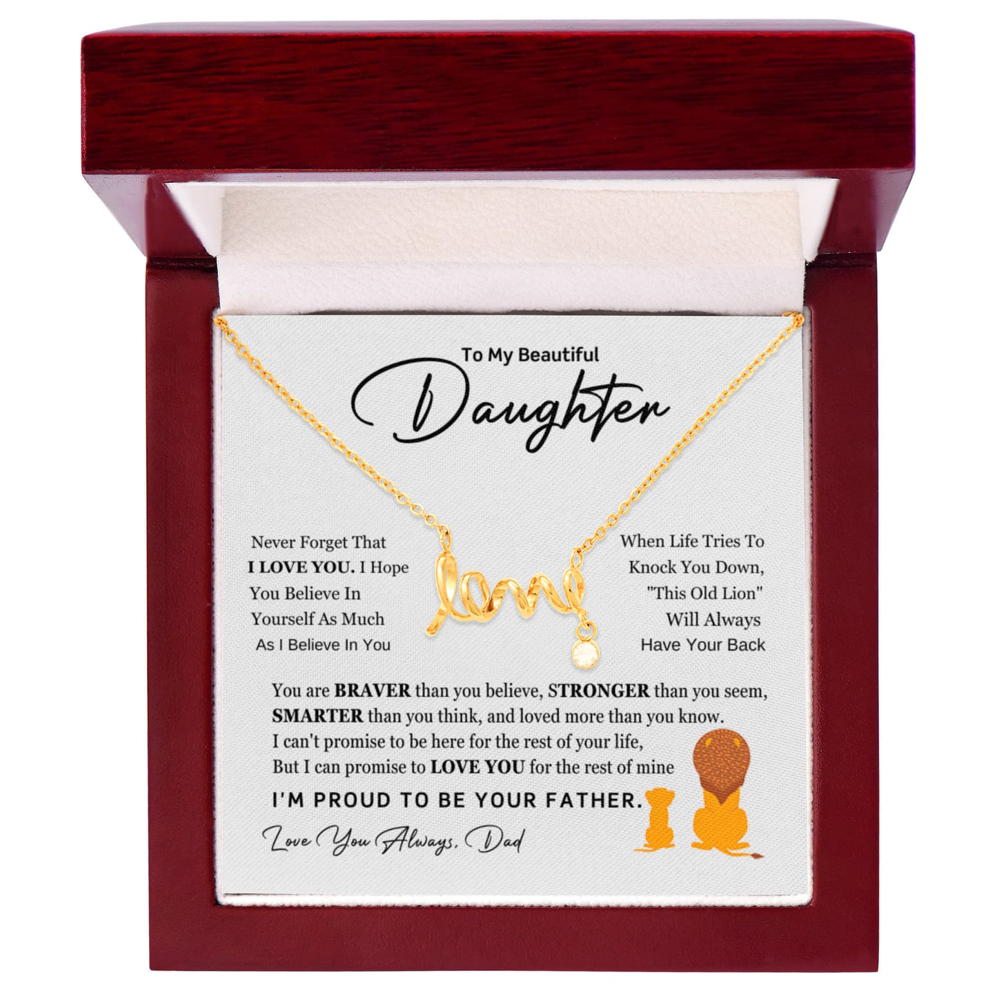 Dad to Daughter Gift - "Love" Script Necklace - Father's Love Jewelry - Lion Protection Message - Beautiful Daughter Present - Gold Pendant