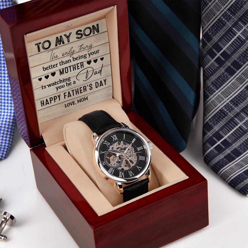 Father's Day Gift for Son from Mom - Openwork Watch with Sentimental Message Card