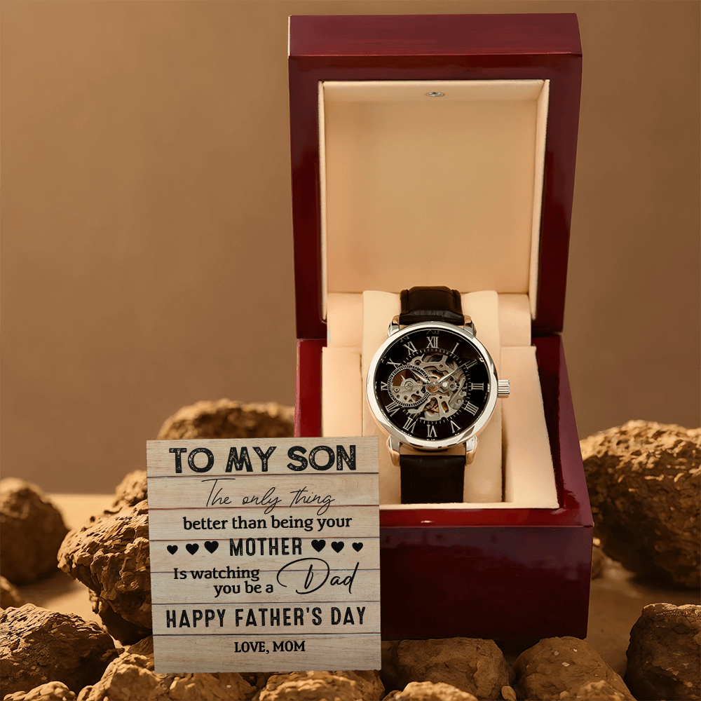 Father's Day Gift for Son from Mom - Openwork Watch with Sentimental Message Card