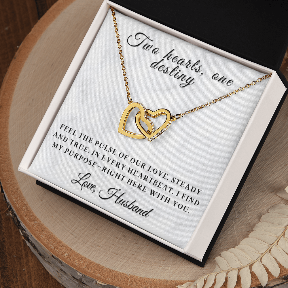 Two Hearts, One Destiny - Romantic Interlocking Heart Necklace for Wife with Sentimental Message Card, Anniversary or Valentine's Day Gift