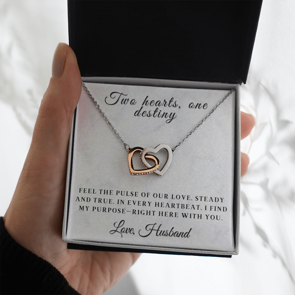 Two Hearts, One Destiny - Romantic Interlocking Heart Necklace for Wife with Sentimental Message Card, Anniversary or Valentine's Day Gift