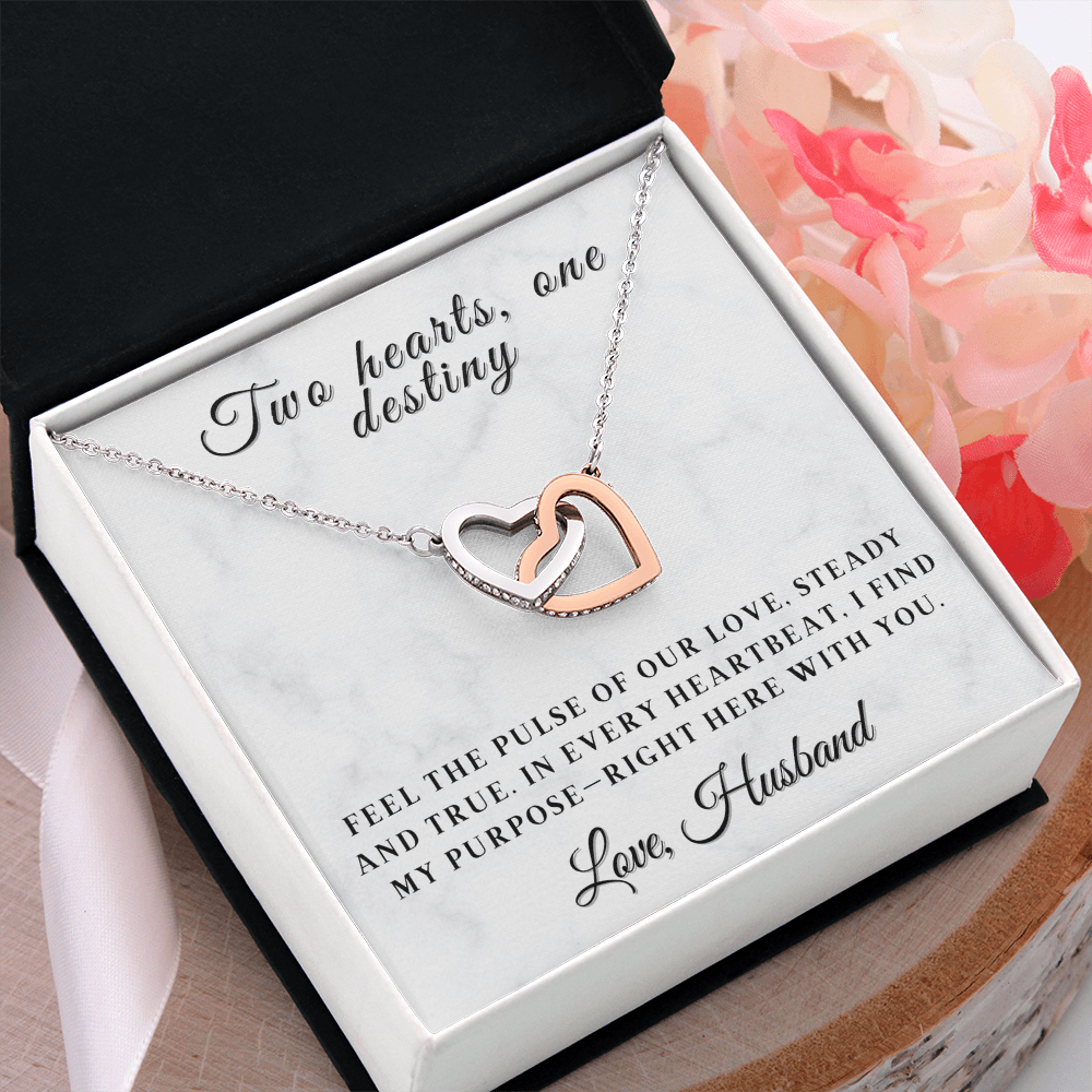Two Hearts, One Destiny - Romantic Interlocking Heart Necklace for Wife with Sentimental Message Card, Anniversary or Valentine's Day Gift