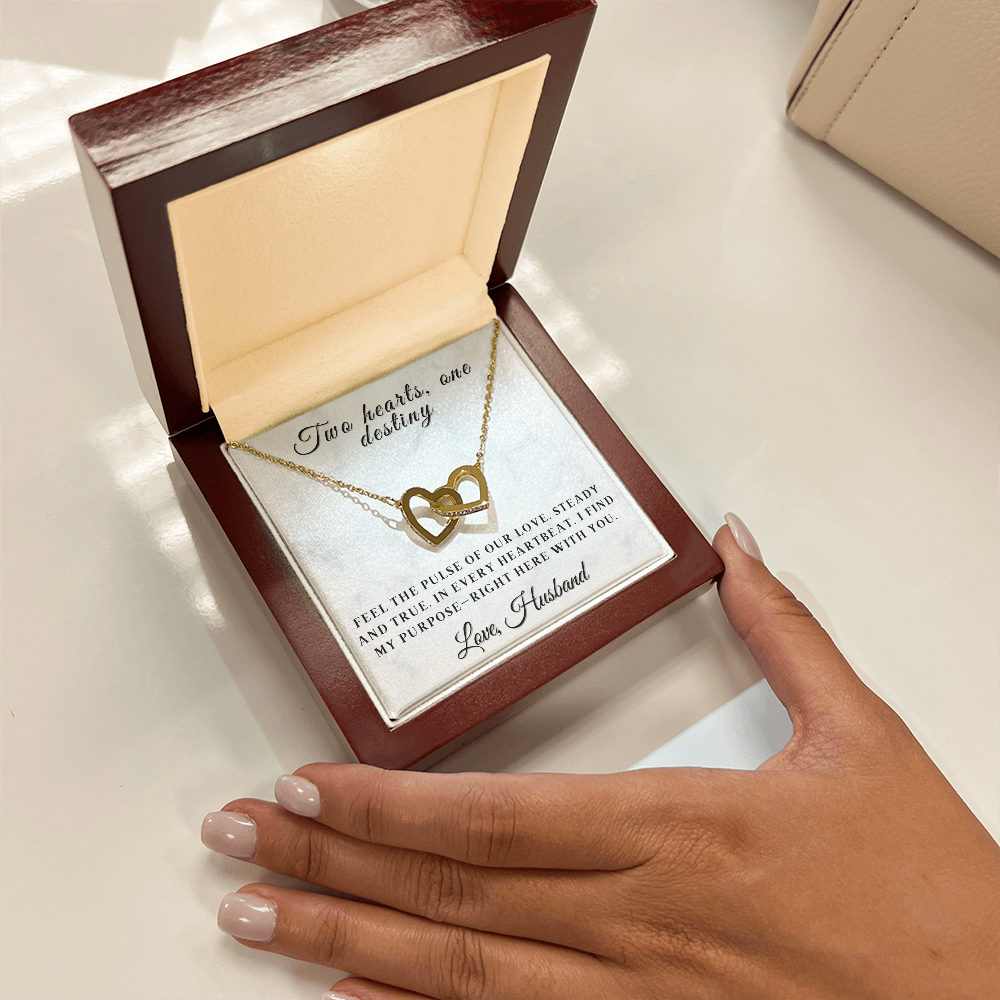Two Hearts, One Destiny - Romantic Interlocking Heart Necklace for Wife with Sentimental Message Card, Anniversary or Valentine's Day Gift