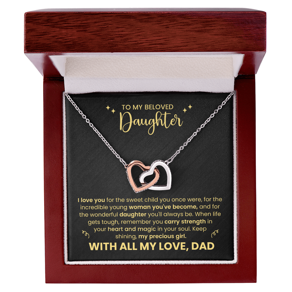To My Beloved Daughter" Heart Necklace - Father Daughter Jewelry Gift Set - Interlocking Hearts Pendant - Dad's Love Message Card