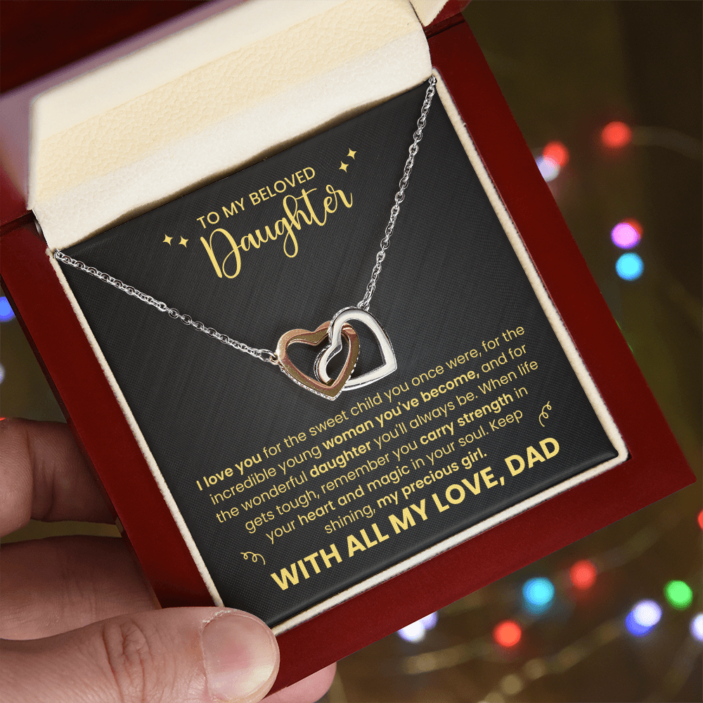 To My Beloved Daughter" Heart Necklace - Father Daughter Jewelry Gift Set - Interlocking Hearts Pendant - Dad's Love Message Card