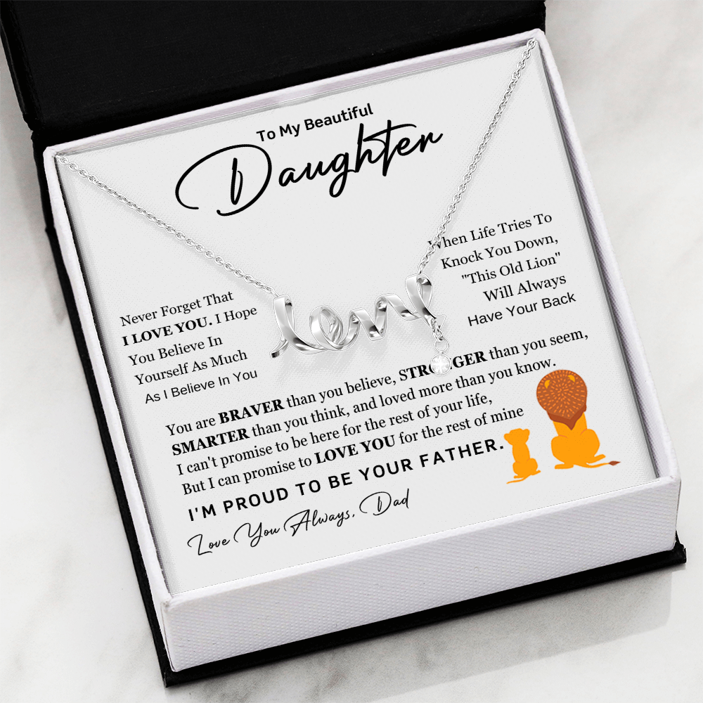 Dad to Daughter Gift - "Love" Script Necklace - Father's Love Jewelry - Lion Protection Message - Beautiful Daughter Present - Gold Pendant
