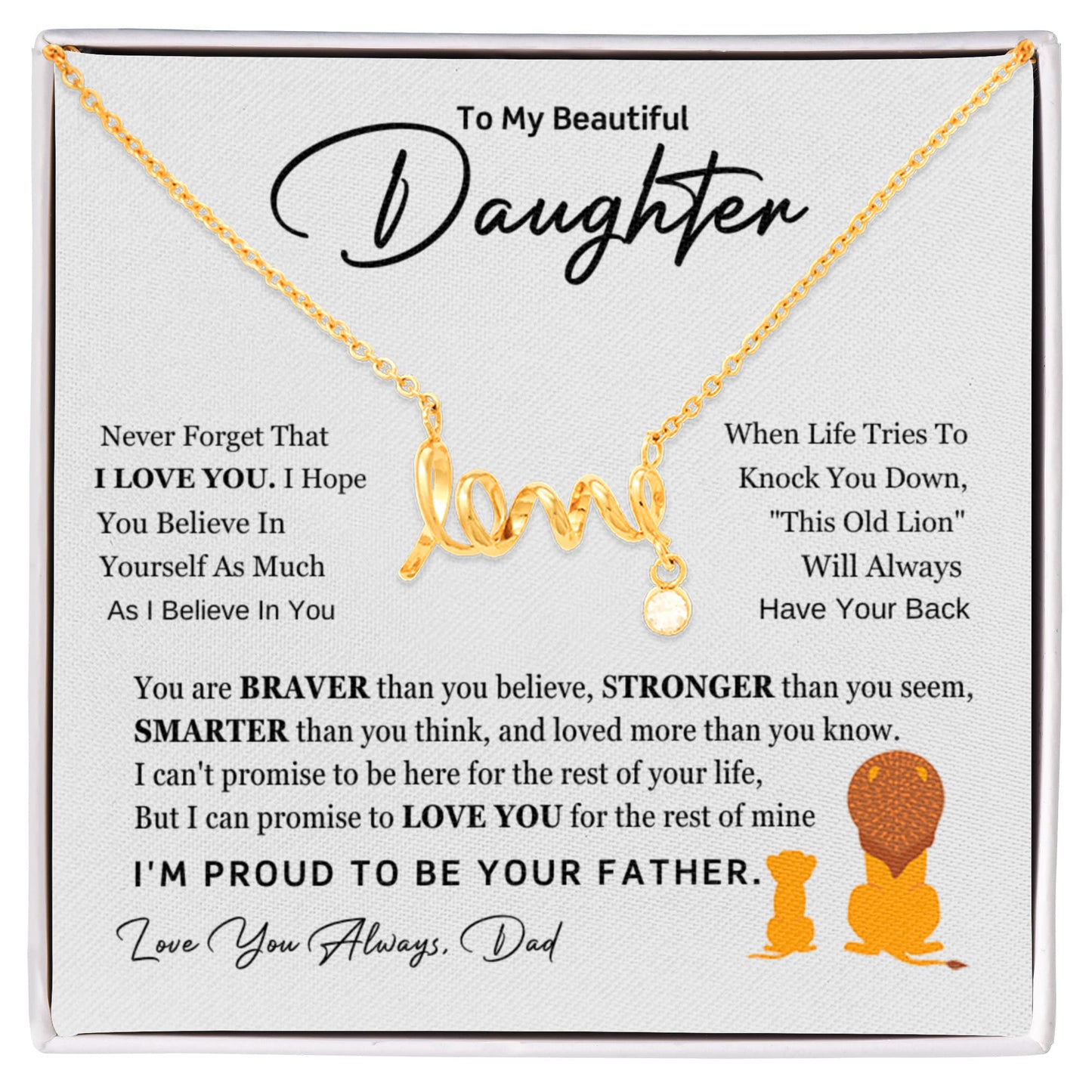 Dad to Daughter Gift - "Love" Script Necklace - Father's Love Jewelry - Lion Protection Message - Beautiful Daughter Present - Gold Pendant