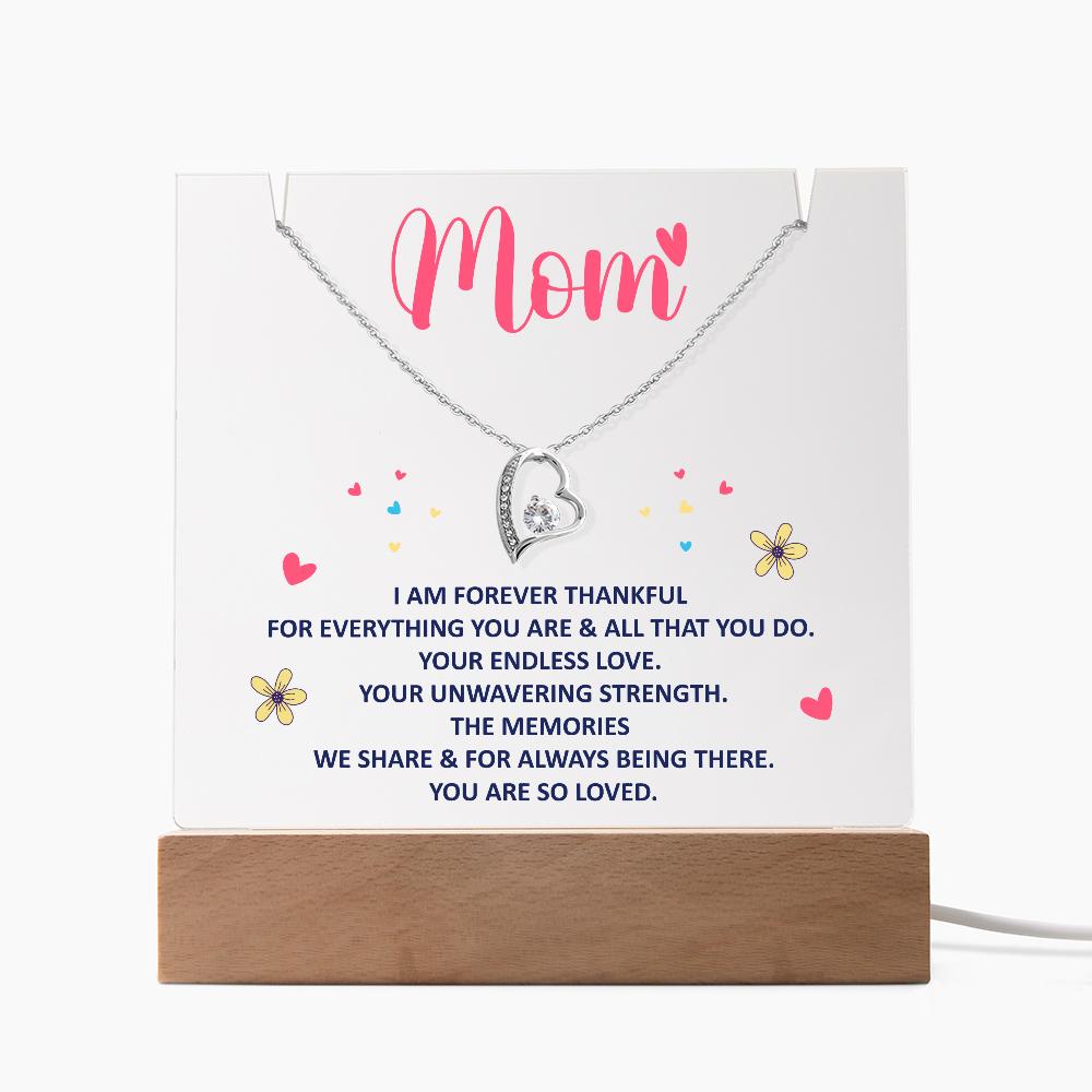 Forever Thankful Mom" Heart Necklace on Acrylic Display, Heartfelt Mother's Day Gift