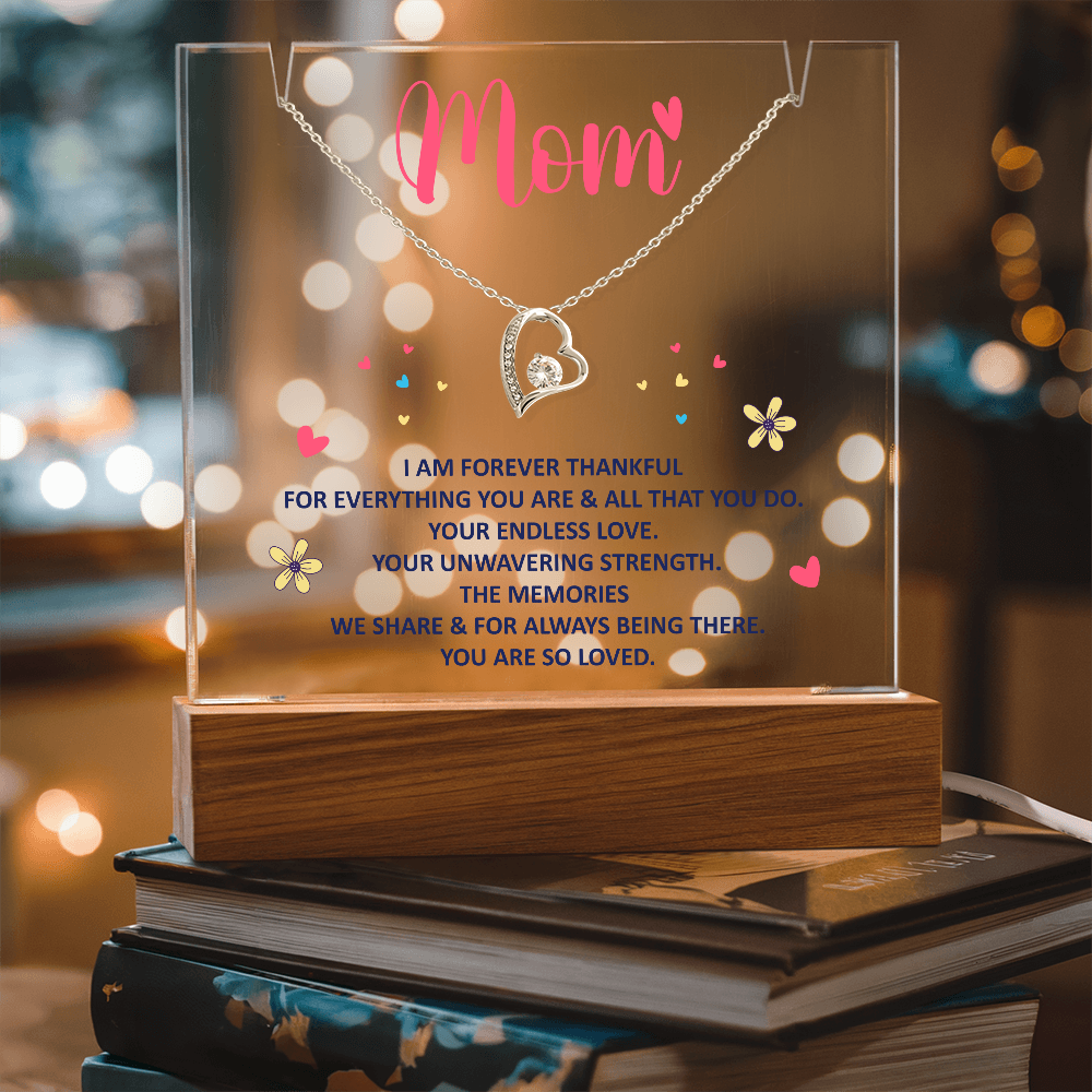 Forever Thankful Mom" Heart Necklace on Acrylic Display, Heartfelt Mother's Day Gift