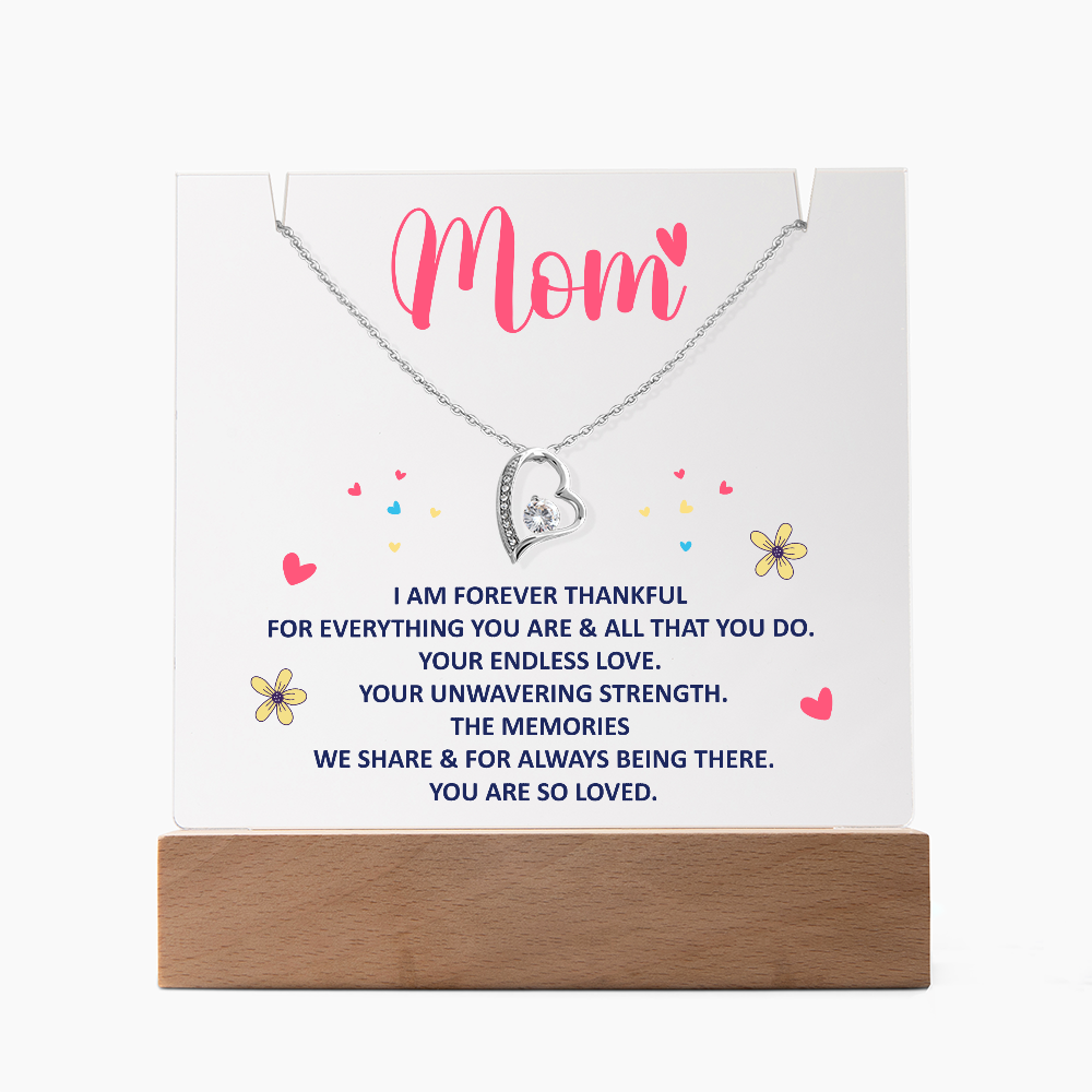 Forever Thankful Mom" Heart Necklace on Acrylic Display, Heartfelt Mother's Day Gift