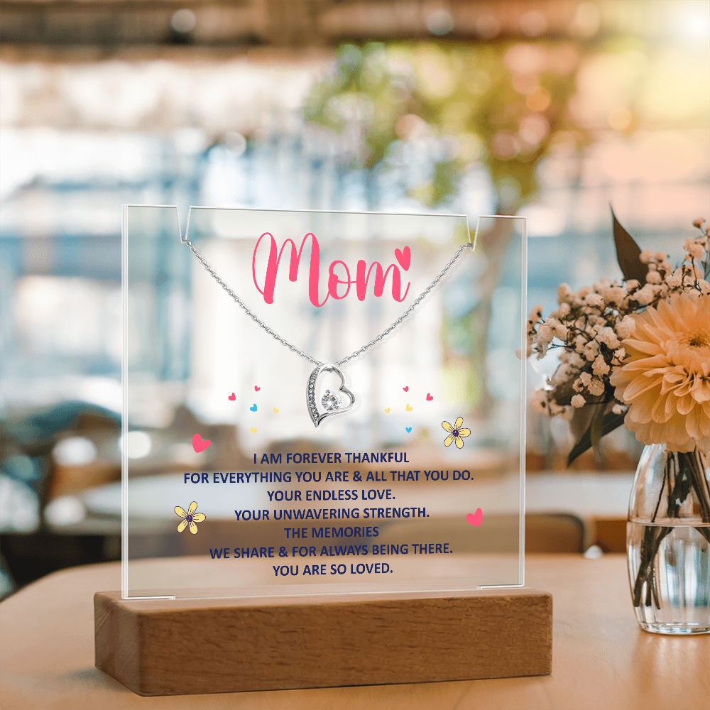 Forever Thankful Mom" Heart Necklace on Acrylic Display, Heartfelt Mother's Day Gift