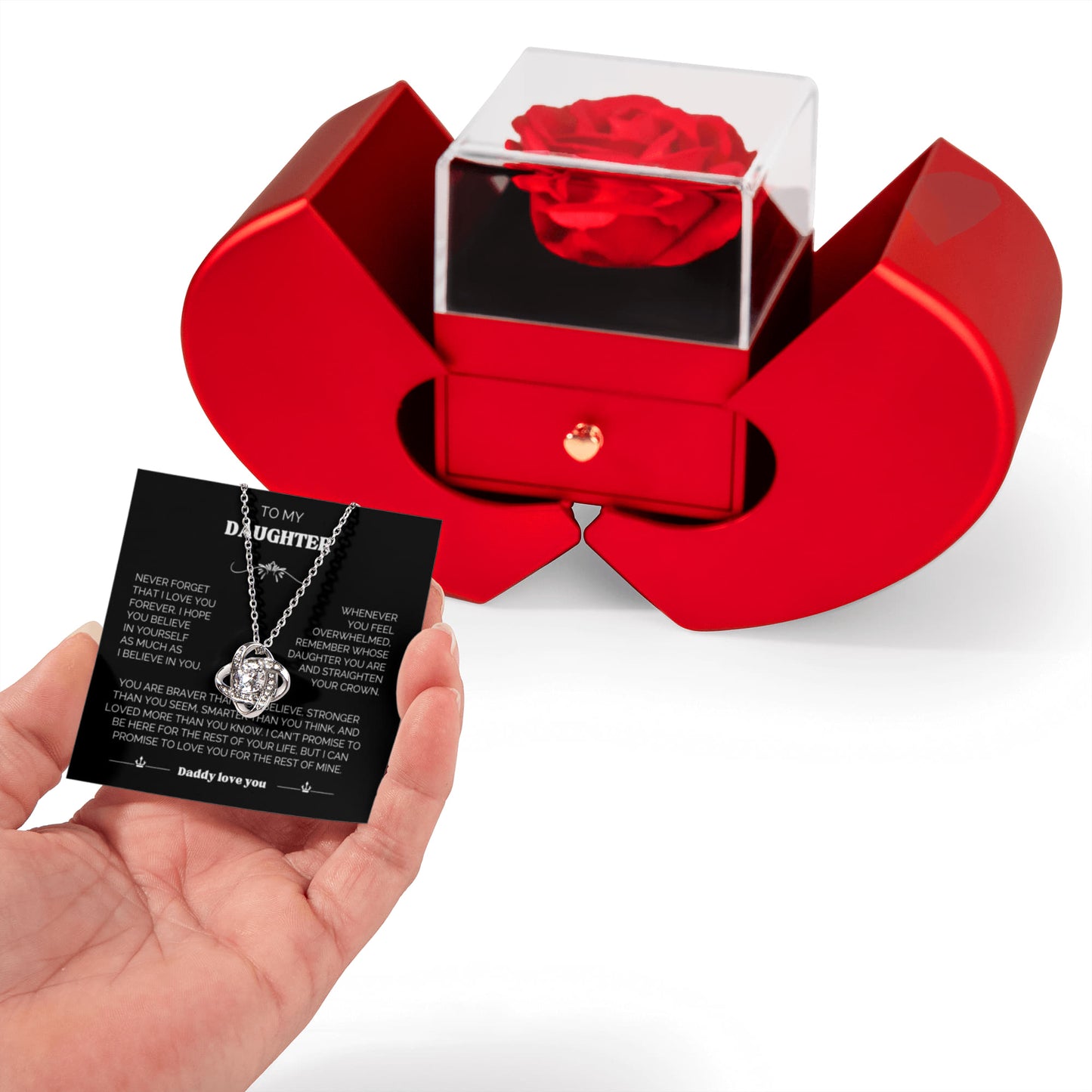 Father Daughter Gift Set - Crown Necklace with Red Heart Box - "To My Daughter" Message Card - Dad Birthday Gift - Princess Jewelry