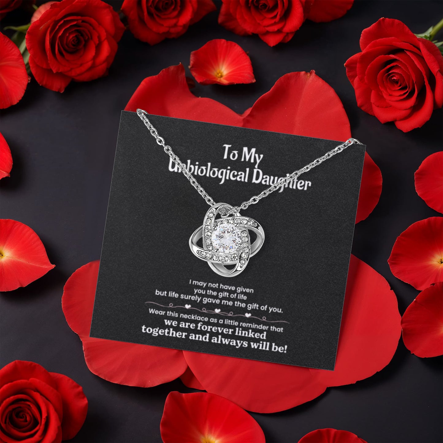 Unbiological Daughter Necklace Gift - Forever Linked Knot Pendant in Rotating Flower Box