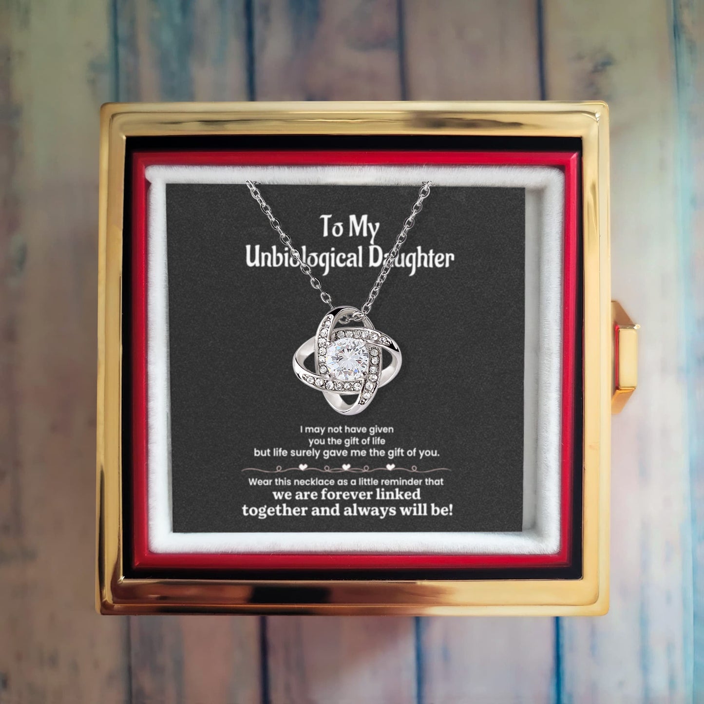 Unbiological Daughter Necklace Gift - Forever Linked Knot Pendant in Rotating Flower Box