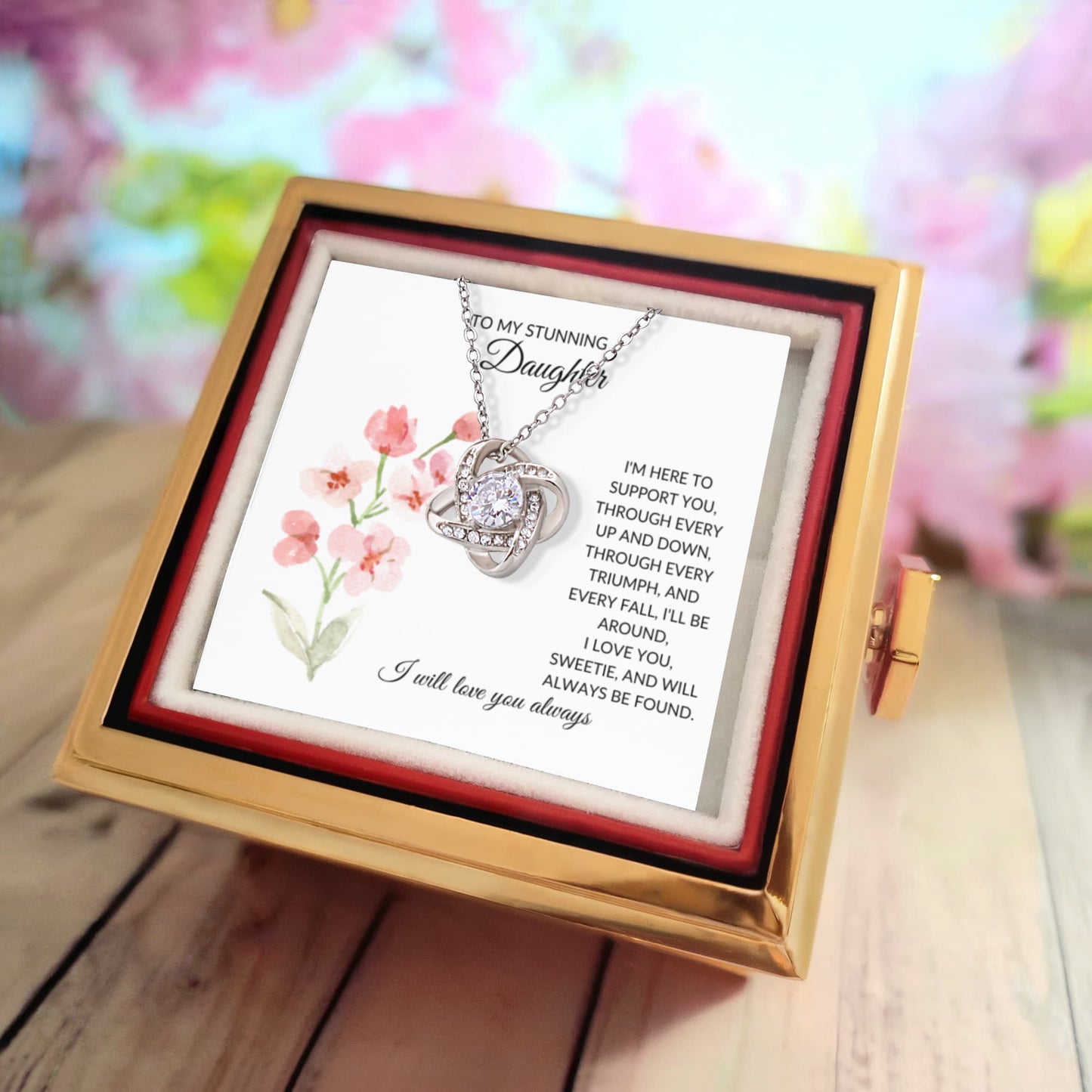 A Blossom of Support: Rotating Flower Box with "To My Stunning Daughter" Necklace