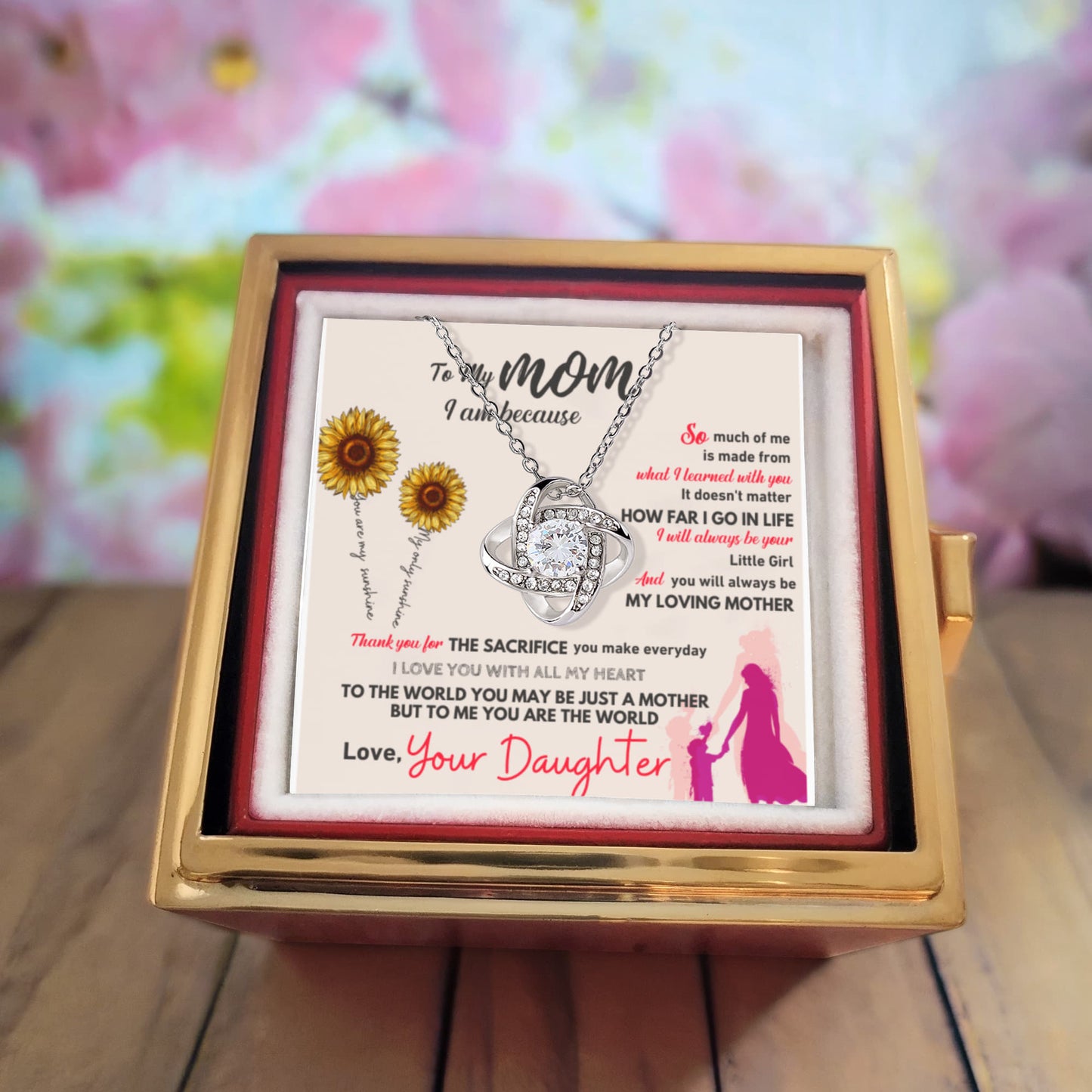 A Daughter's Blooming Love: Rotating Flower Box with "To My Mom" Necklace