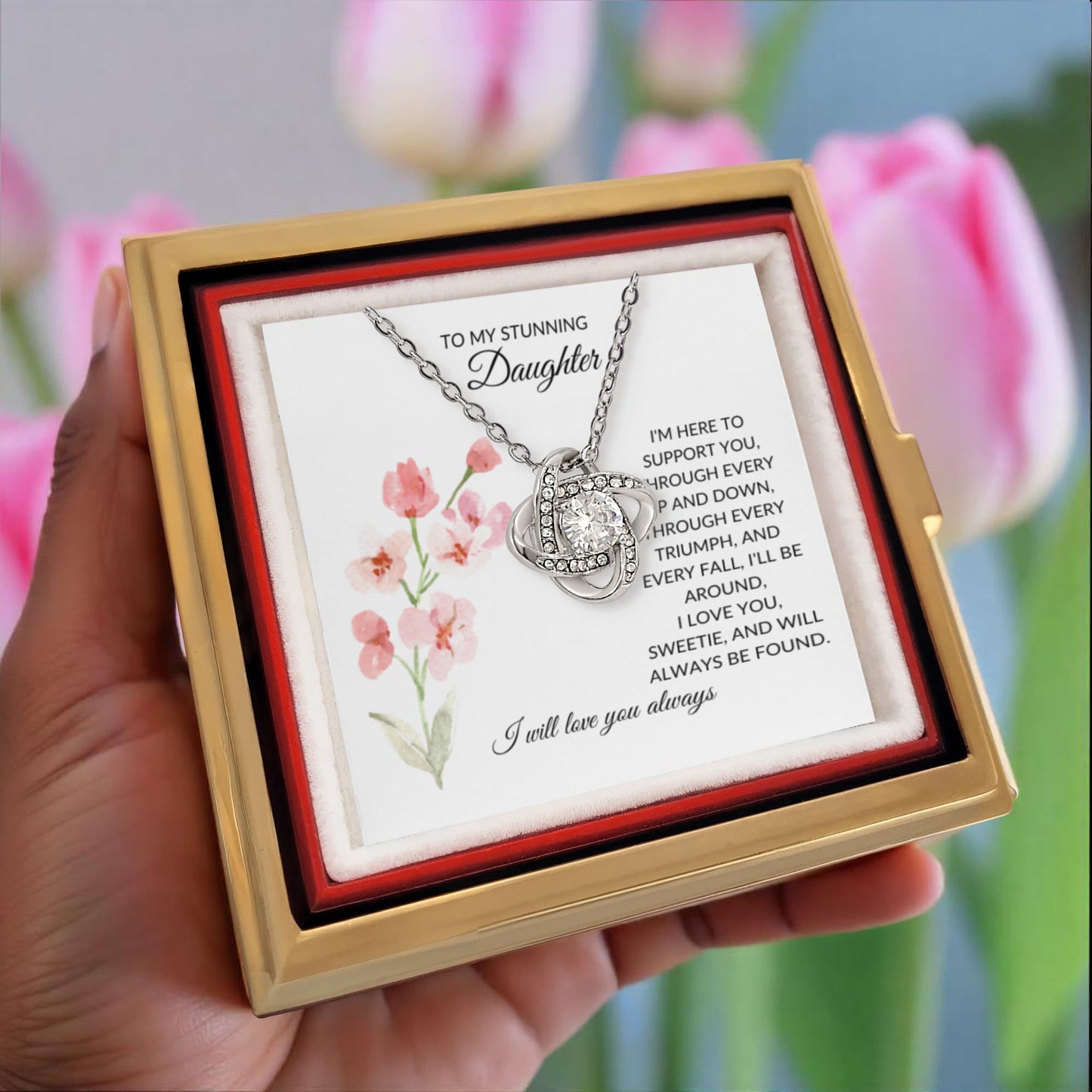 A Blossom of Support: Rotating Flower Box with "To My Stunning Daughter" Necklace