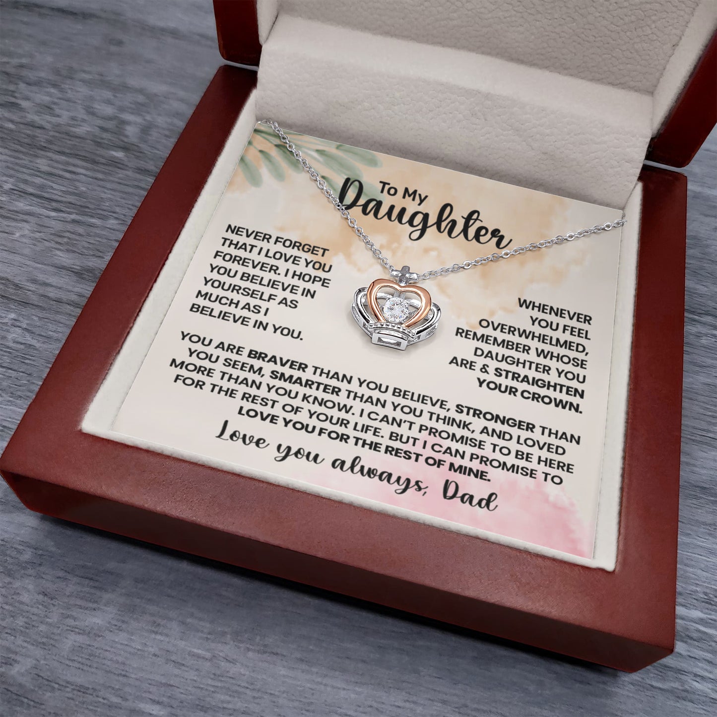 To My Daughter" Heart Necklace Gift Set - Father's Love Message - "Straighten Your Crown" Jewelry - Dad Daughter Gift Box