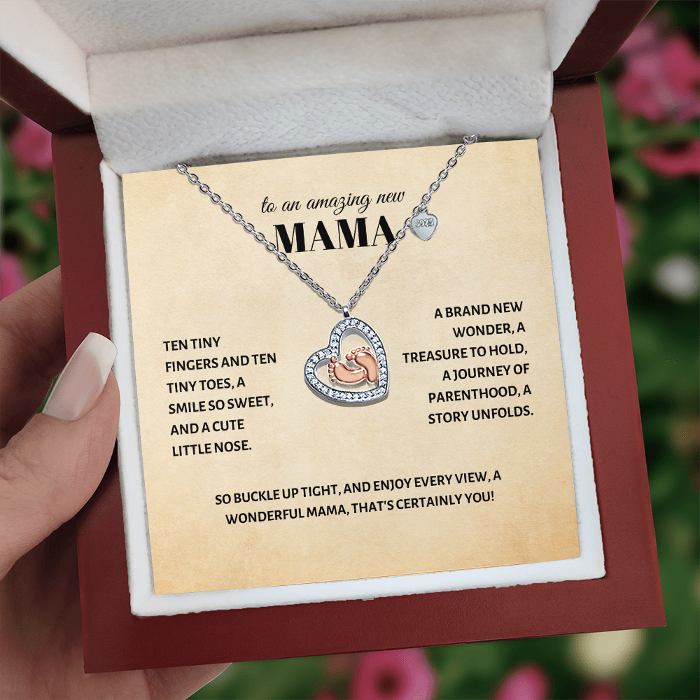 Celebrating New Motherhood: Heart & Baby Feet Necklace Gift for Amazing New Mama