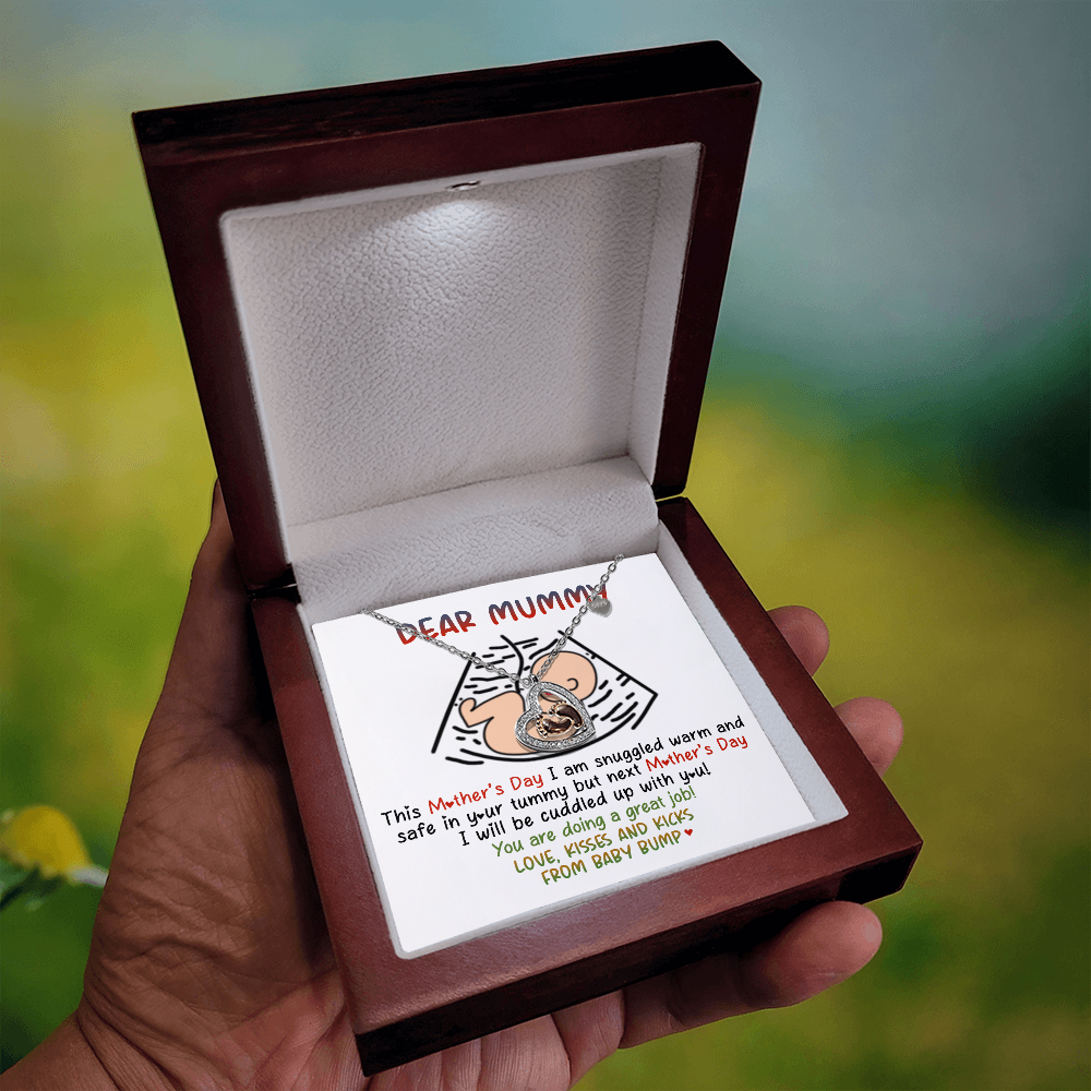 Expecting Mom Necklace Gift - Love Knot with Baby Footprint Card, From Baby