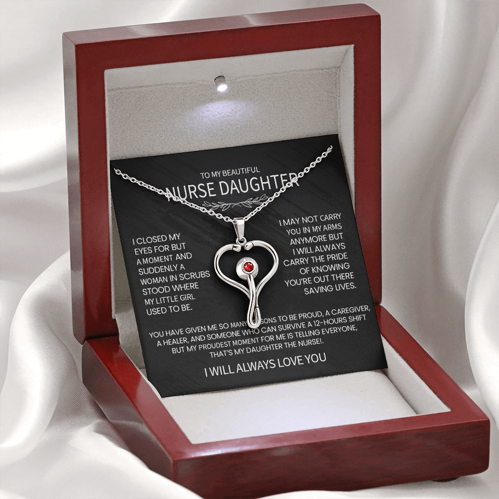 To My Nurse Daughter - Stethoscope Pendant Necklace with Heartfelt Message, Proud Gift for a Nurse, caregiver gift, Healer daughter.