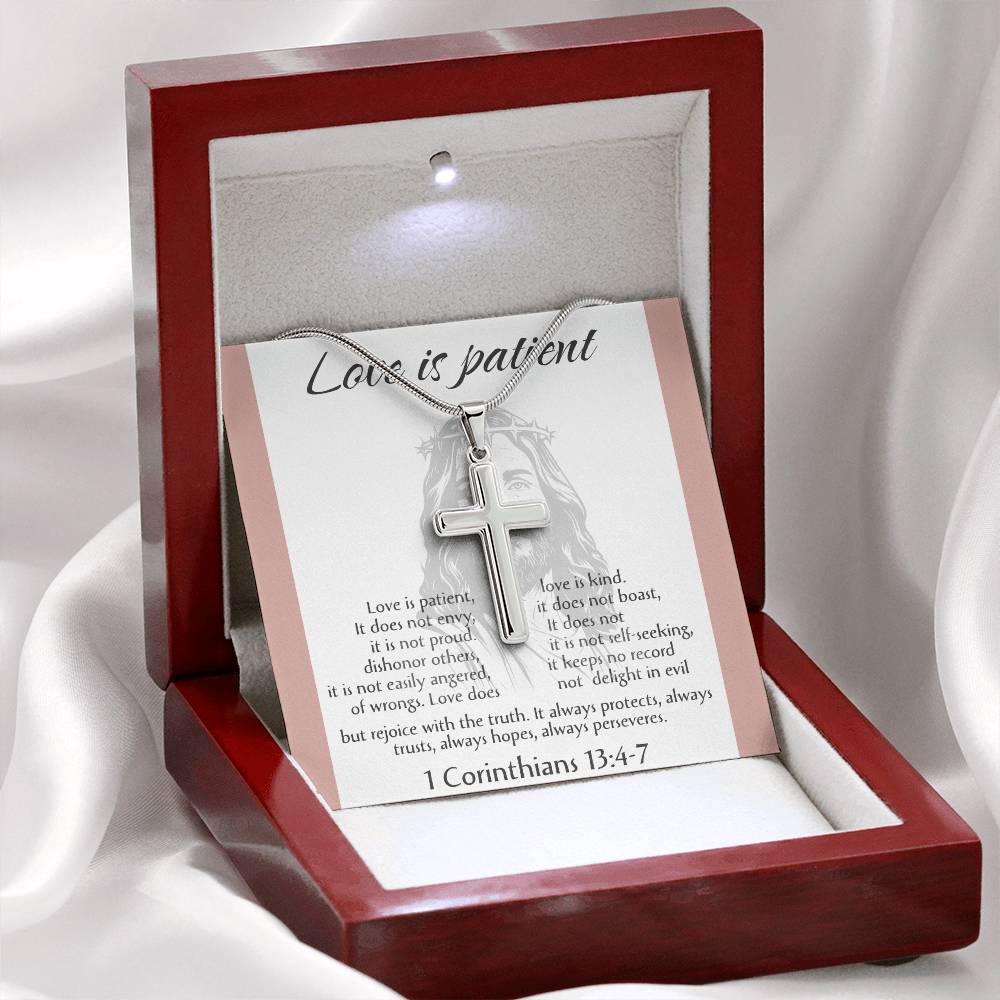 Love is Patient Cross Necklace, Faith Pendant, Christian Gift, Biblical Jewelry, Scripture Chain, Spiritual Keepsake, Devotion Token