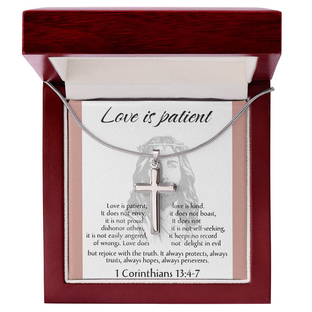 Love is Patient Cross Necklace, Faith Pendant, Christian Gift, Biblical Jewelry, Scripture Chain, Spiritual Keepsake, Devotion Token