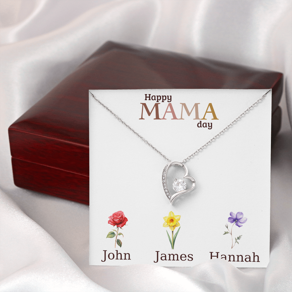 Personalized Mother's Day Necklace, Heart Pendant with Names, Mama Day Gift, Custom Flower Jewelry, Gift for Mom, Grandma, Wife