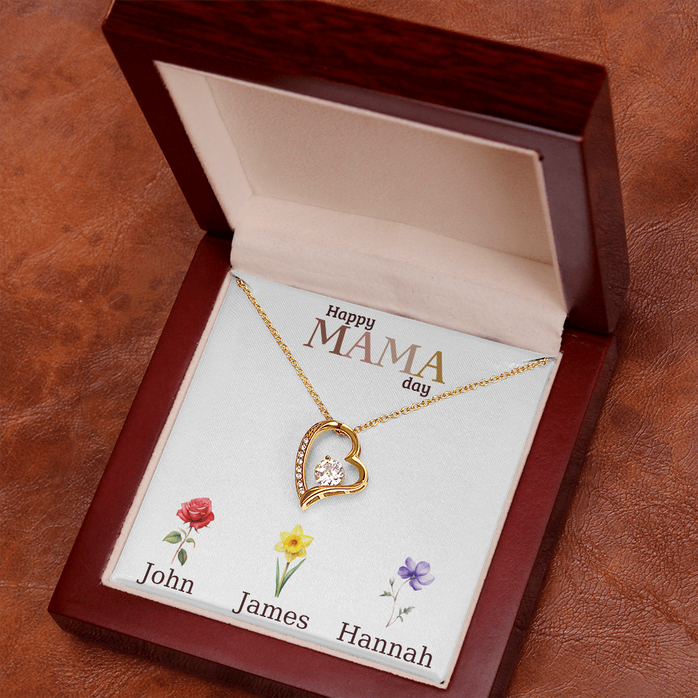 Personalized Mother's Day Necklace, Heart Pendant with Names, Mama Day Gift, Custom Flower Jewelry, Gift for Mom, Grandma, Wife