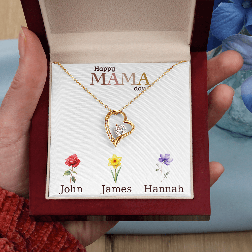 Personalized Mother's Day Necklace, Heart Pendant with Names, Mama Day Gift, Custom Flower Jewelry, Gift for Mom, Grandma, Wife