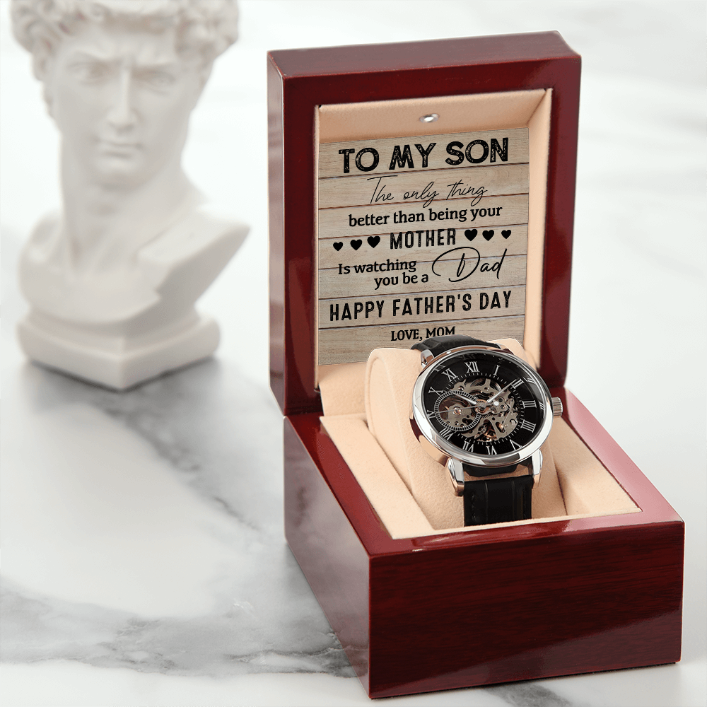Father's Day Gift for Son from Mom - Openwork Watch with Sentimental Message Card