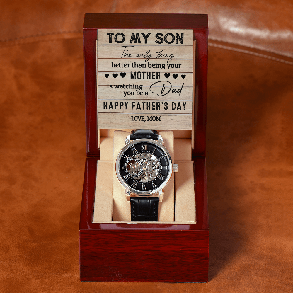 Father's Day Gift for Son from Mom - Openwork Watch with Sentimental Message Card