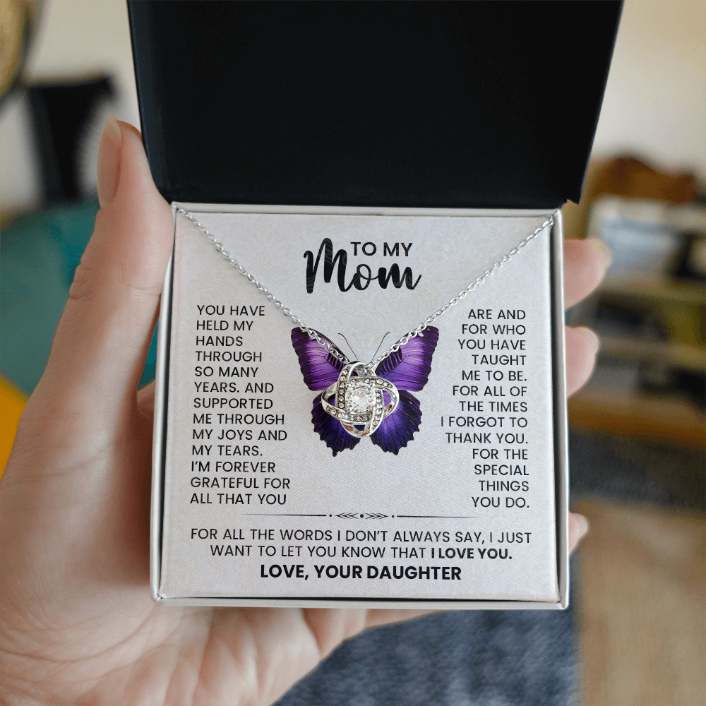 knot necklace for Mom with message card: Silver Pendant with Cubic Zirconia