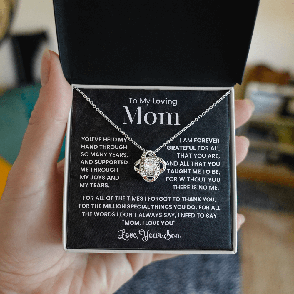 To My Loving Mom Necklace - Love Knot Pendant Gift from Son with Message Card
