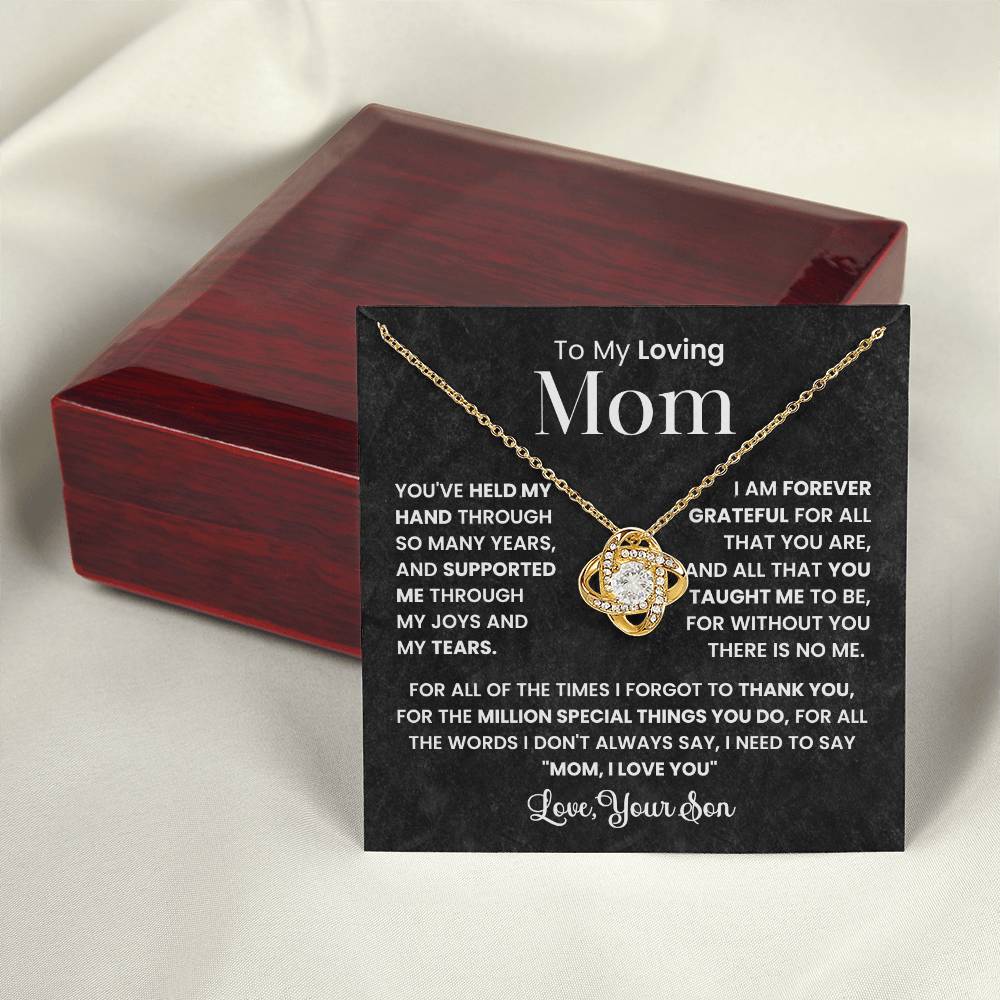 To My Loving Mom Necklace - Love Knot Pendant Gift from Son with Message Card