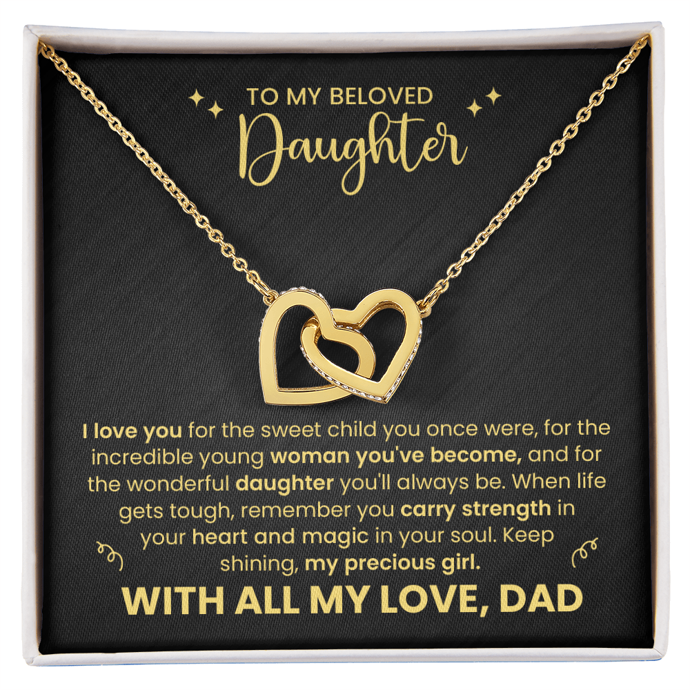To My Beloved Daughter" Heart Necklace - Father Daughter Jewelry Gift Set - Interlocking Hearts Pendant - Dad's Love Message Card