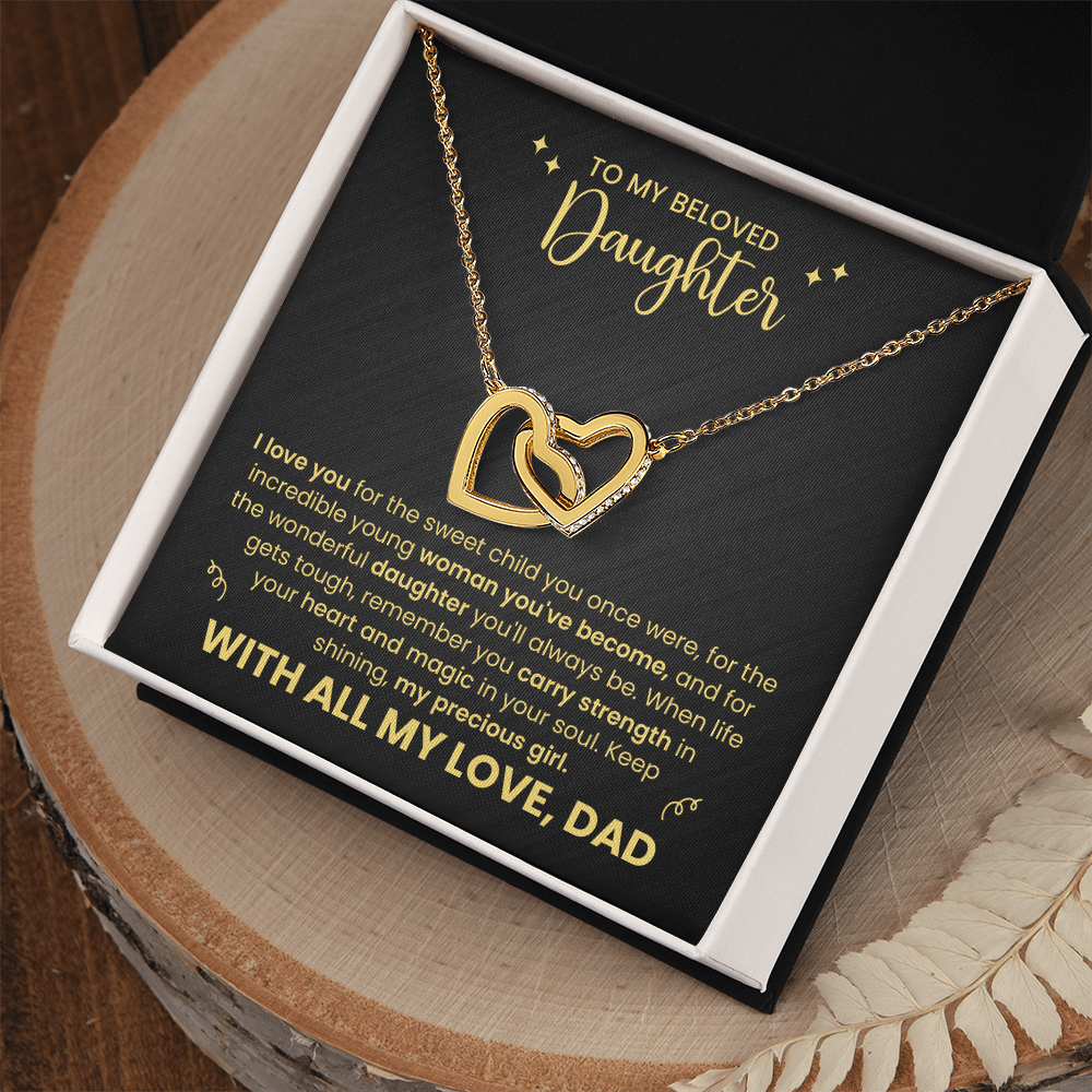 To My Beloved Daughter" Heart Necklace - Father Daughter Jewelry Gift Set - Interlocking Hearts Pendant - Dad's Love Message Card