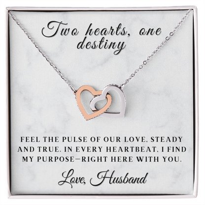 Two Hearts, One Destiny - Romantic Interlocking Heart Necklace for Wife with Sentimental Message Card, Anniversary or Valentine's Day Gift