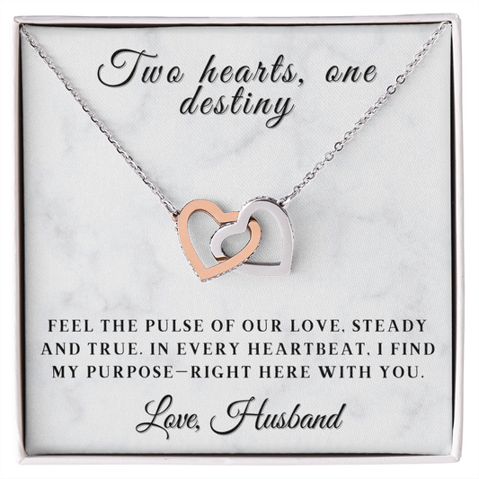 Two Hearts, One Destiny - Romantic Interlocking Heart Necklace for Wife with Sentimental Message Card, Anniversary or Valentine's Day Gift