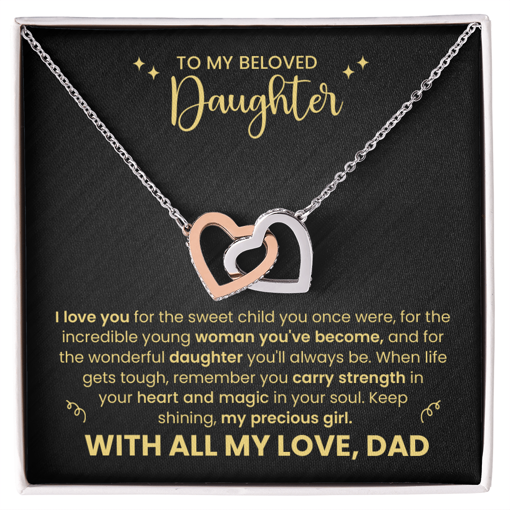 To My Beloved Daughter" Heart Necklace - Father Daughter Jewelry Gift Set - Interlocking Hearts Pendant - Dad's Love Message Card
