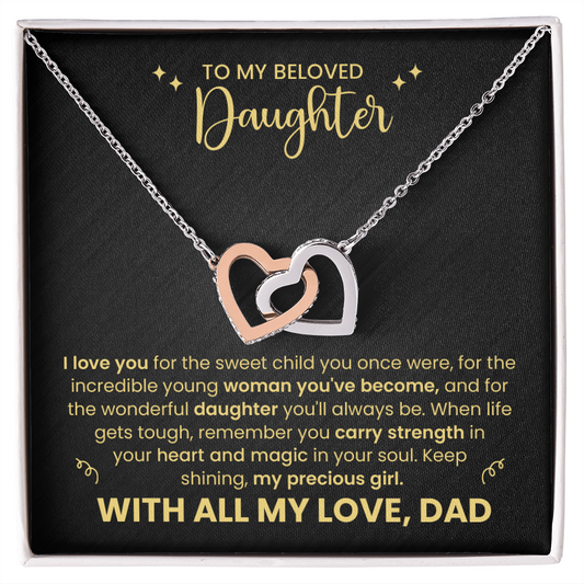 To My Beloved Daughter" Heart Necklace - Father Daughter Jewelry Gift Set - Interlocking Hearts Pendant - Dad's Love Message Card