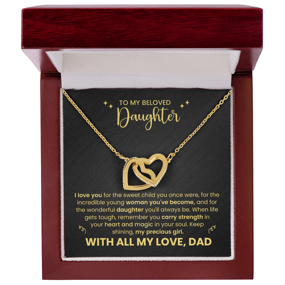 To My Beloved Daughter" Heart Necklace - Father Daughter Jewelry Gift Set - Interlocking Hearts Pendant - Dad's Love Message Card
