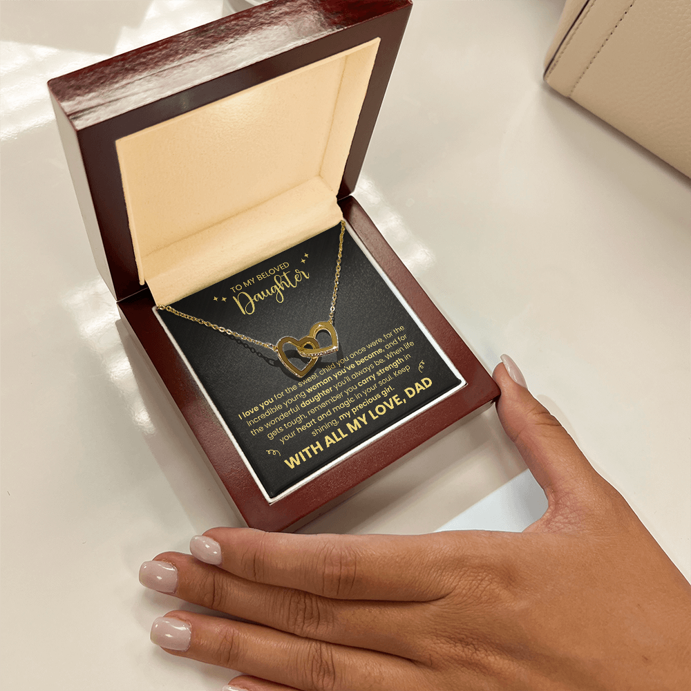 To My Beloved Daughter" Heart Necklace - Father Daughter Jewelry Gift Set - Interlocking Hearts Pendant - Dad's Love Message Card