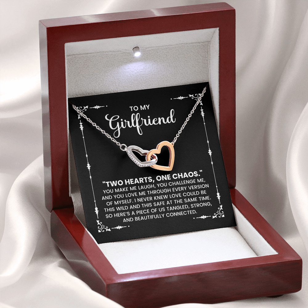 Girlfriend Gift Necklace - "Two Hearts One Chaos" | Romantic Love Jewelry She'll Never Take Off
