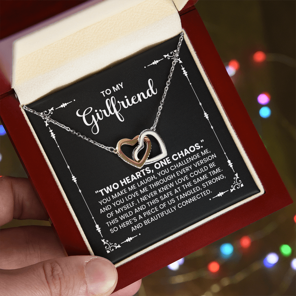 Girlfriend Gift Necklace - "Two Hearts One Chaos" | Romantic Love Jewelry She'll Never Take Off