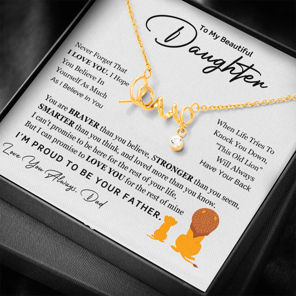 Dad to Daughter Gift - "Love" Script Necklace - Father's Love Jewelry - Lion Protection Message - Beautiful Daughter Present - Gold Pendant