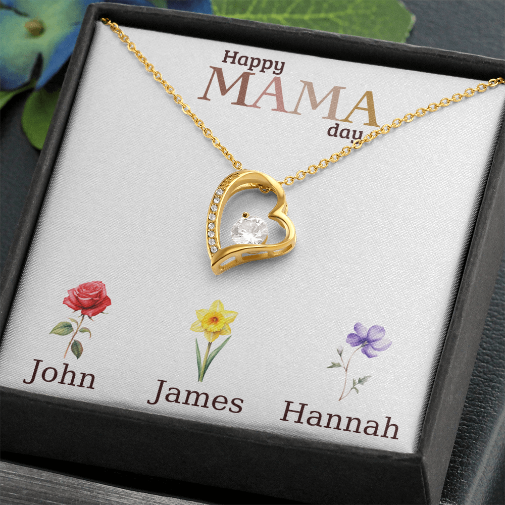 Personalized Mother's Day Necklace, Heart Pendant with Names, Mama Day Gift, Custom Flower Jewelry, Gift for Mom, Grandma, Wife