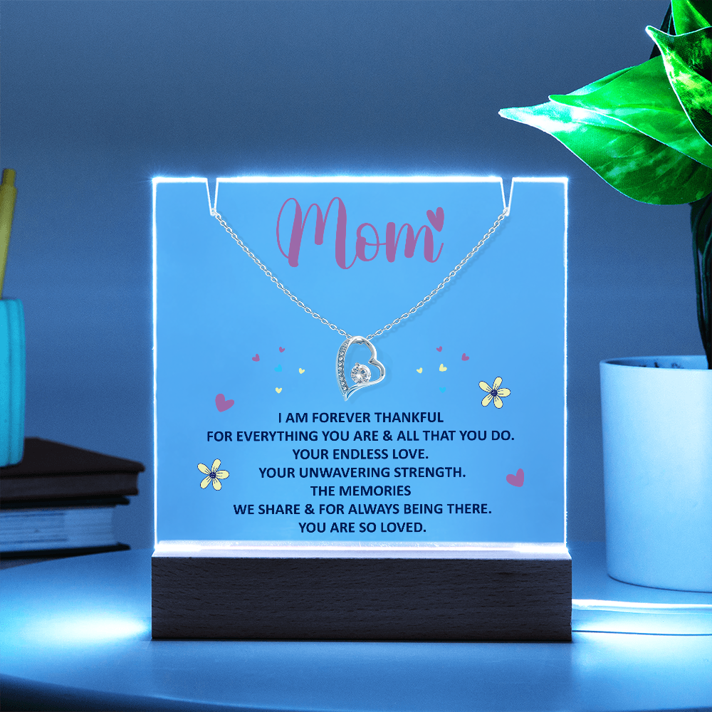 Forever Thankful Mom" Heart Necklace on Acrylic Display, Heartfelt Mother's Day Gift